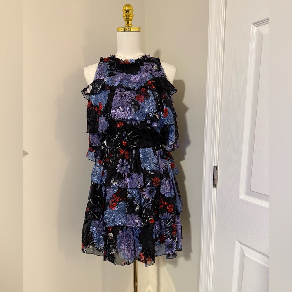 Alice + Olivia Tiered Cold Shoulder Dress in Black and Purple (Sz 6)
